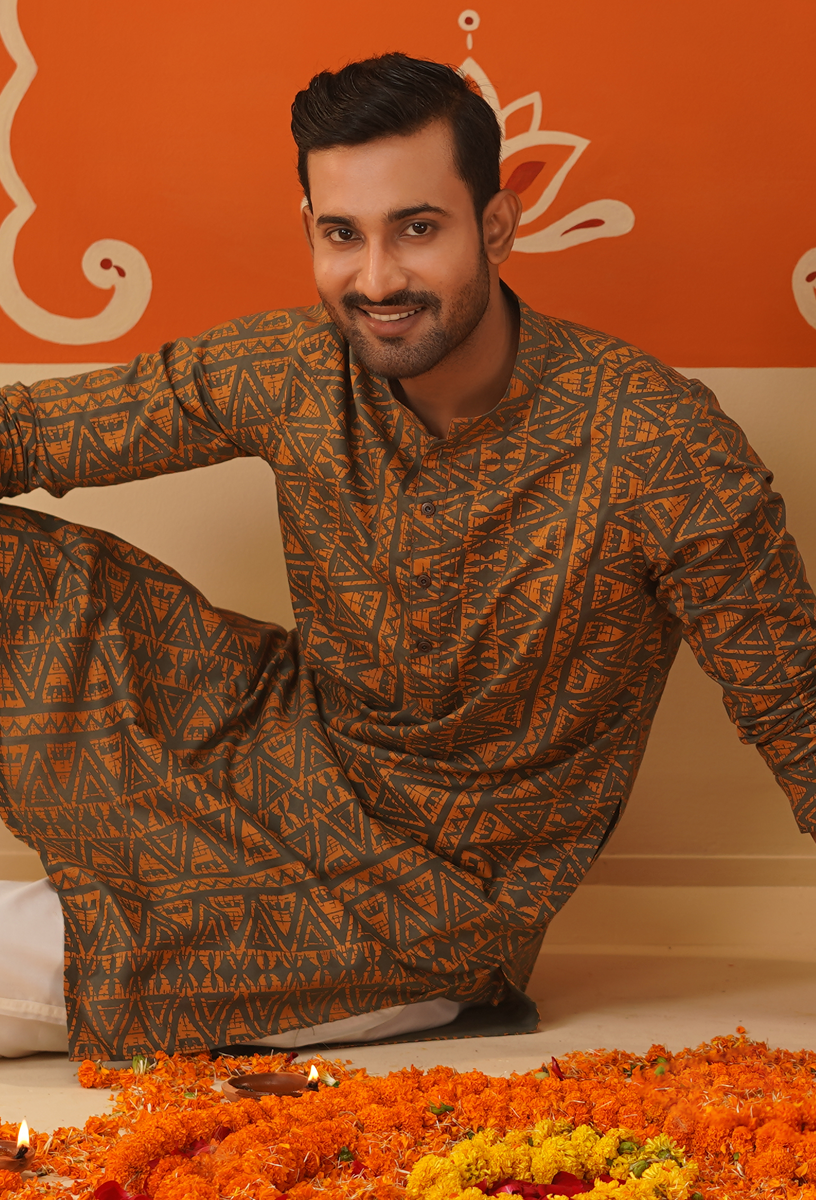 Men’s Geometric Printed Panjabi Contemporary Ethnic Festive Wear Rust Orange gallery image