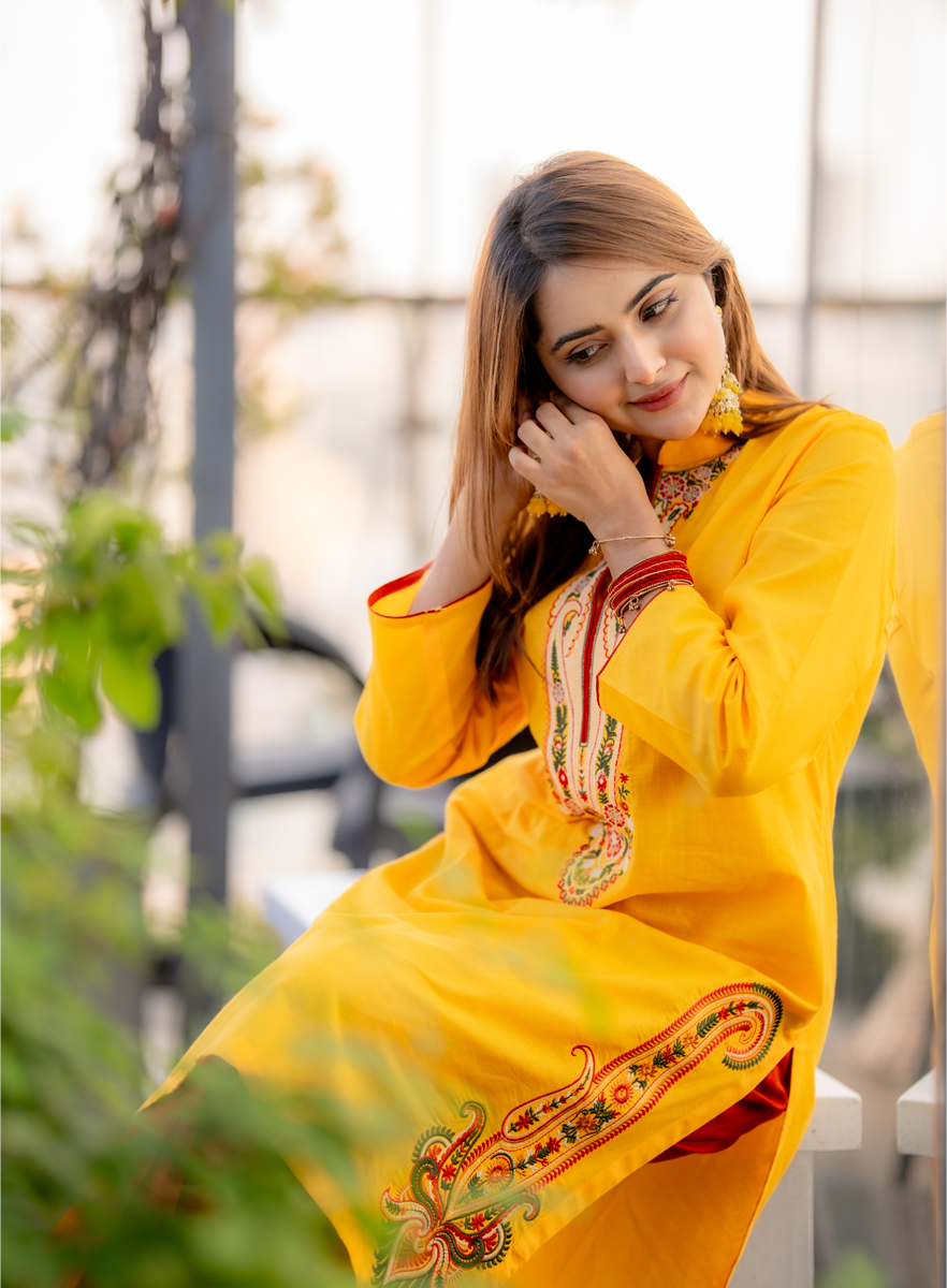 Women’s Mustard Yellow Embroidered Co-Ord Set Floral Kurta with Contrast Red Trousers Mustard Yellow gallery image