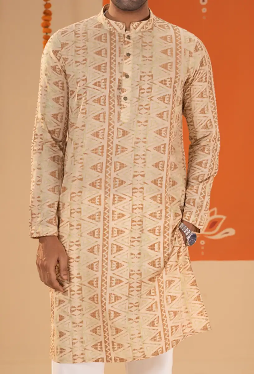 Men’s Beige & Brown Geometric Wax Batik Printed Panjabi Beige gallery image