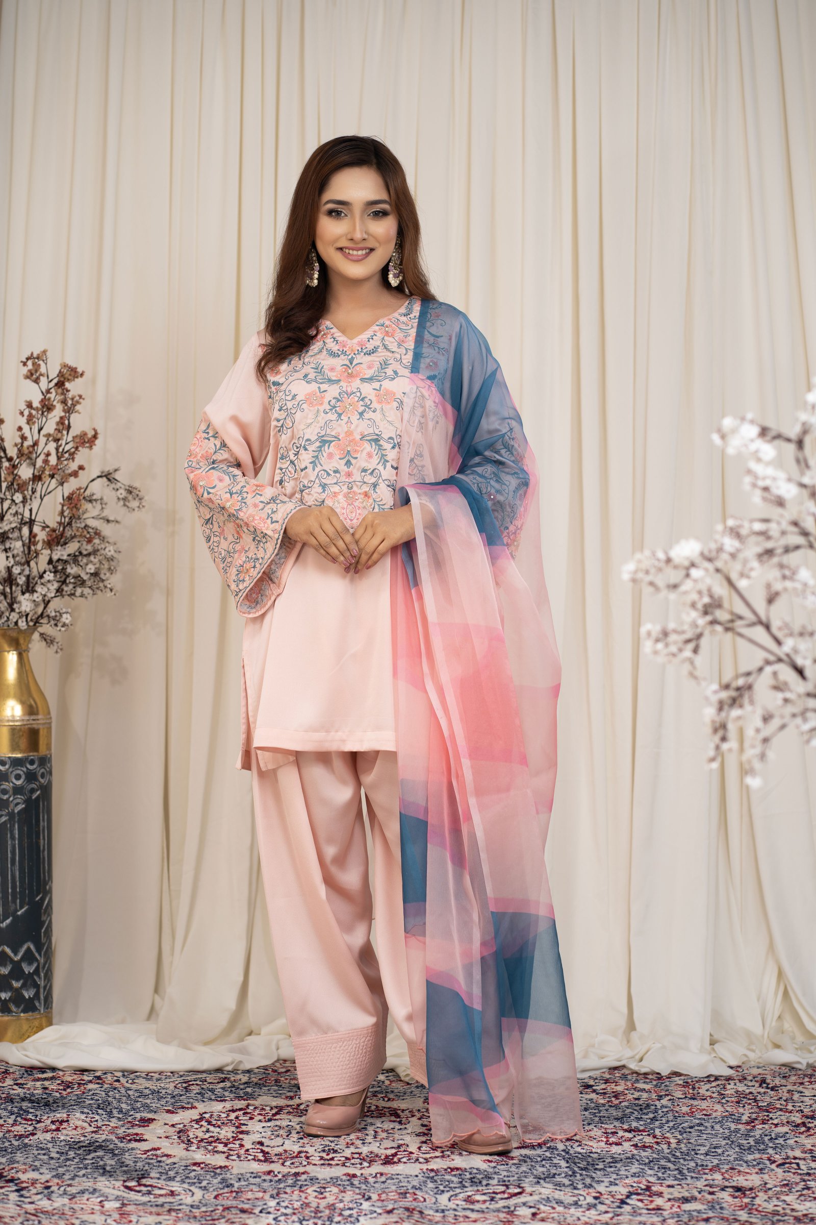 Women’s Embroidered 3-Piece Salwar Kameez Set with Printed Chiffon Dupatta