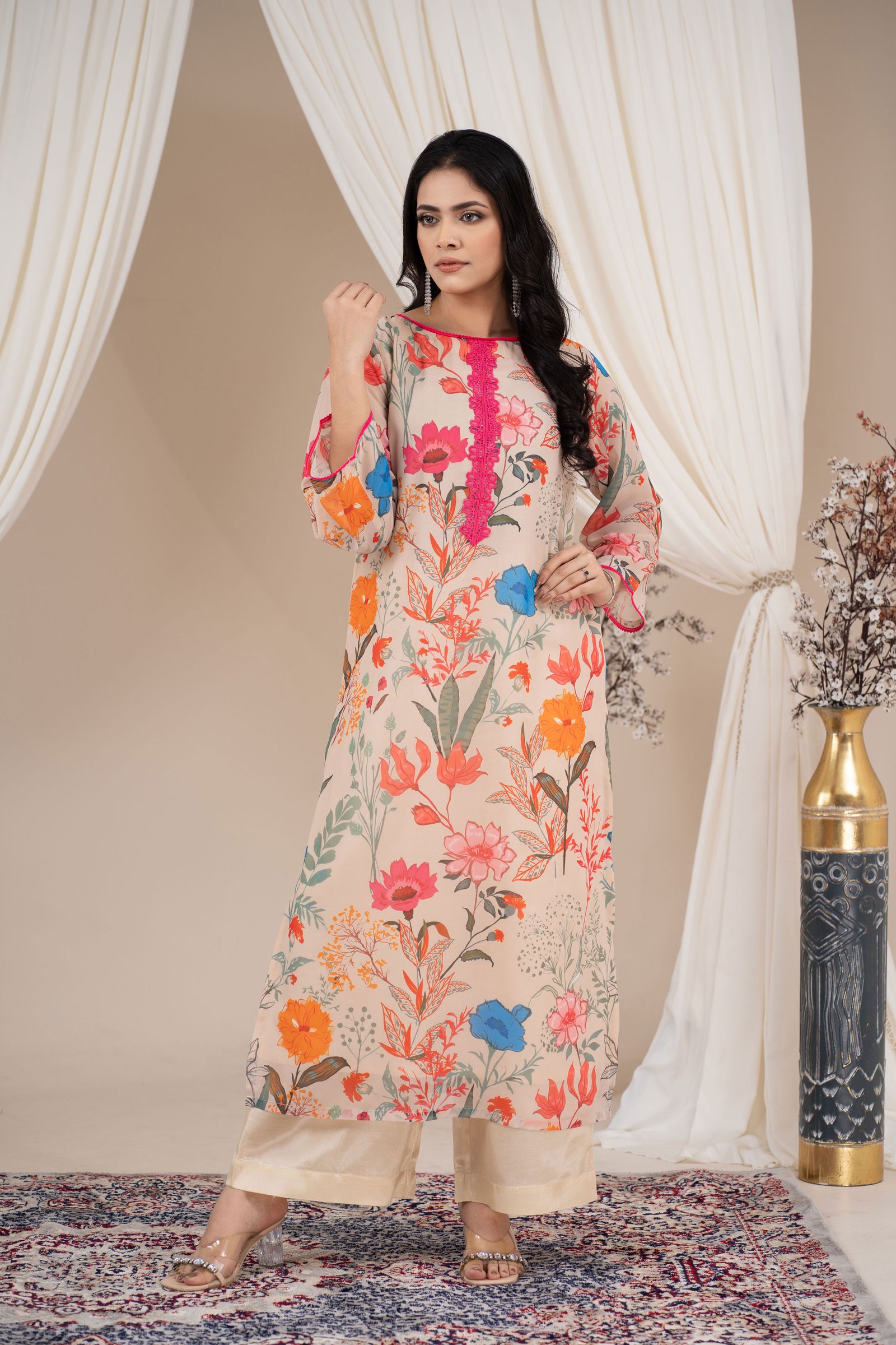 Women’s Floral Printed Long Kurta with Straight Pants