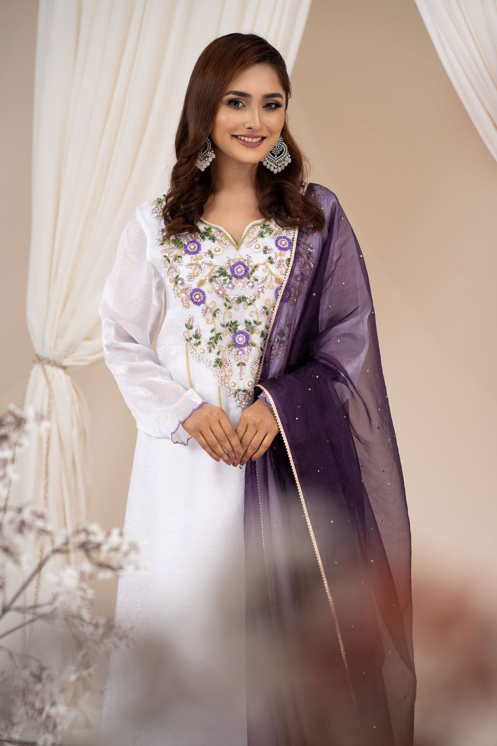 Elegant Organza Silk Floral Embroidered 3-Piece Suit Set for Women