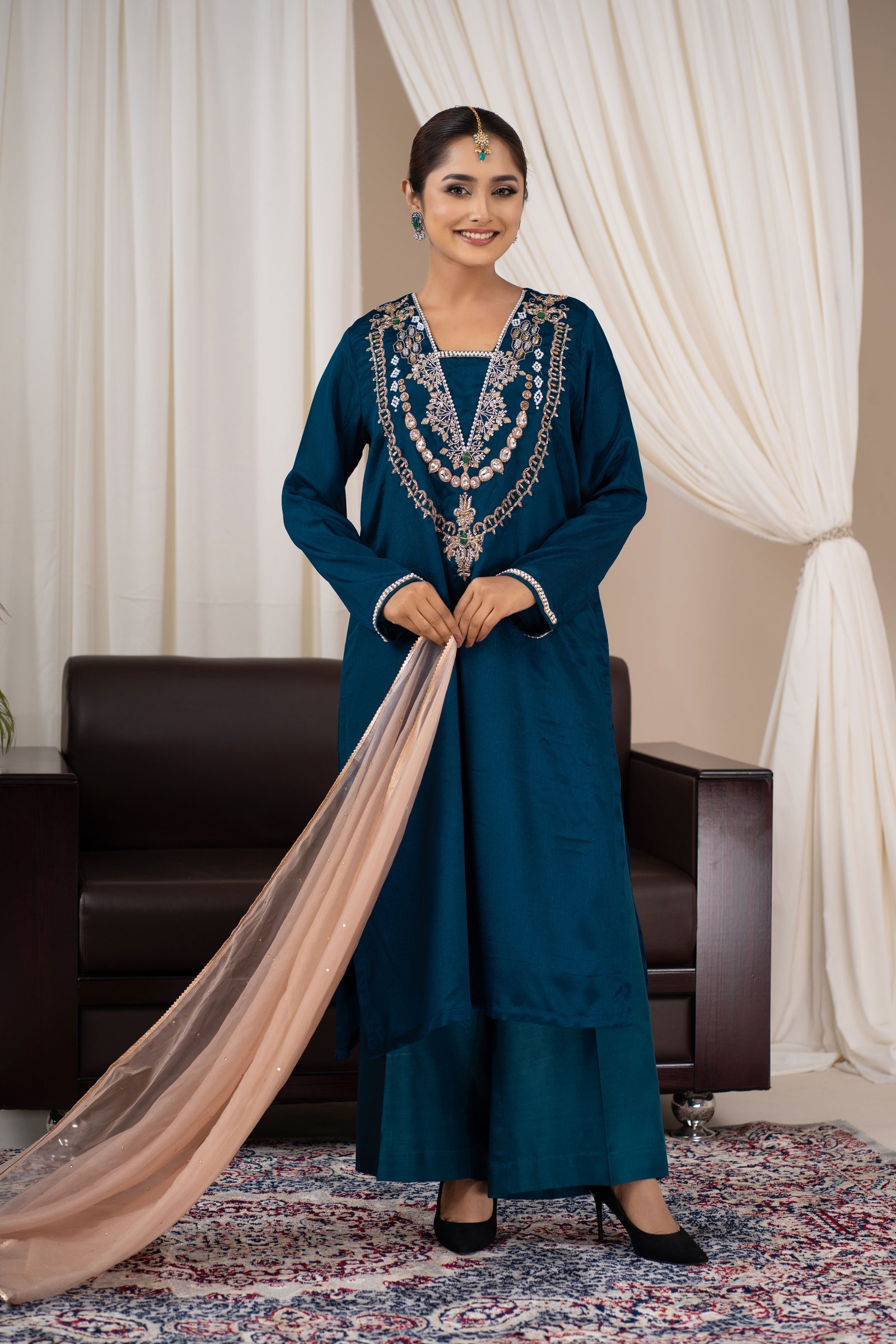 Teal Silk Karchupi 3 Piece Suit Set with Pearl Neckline Detailing and Moslin Dupatta for Women