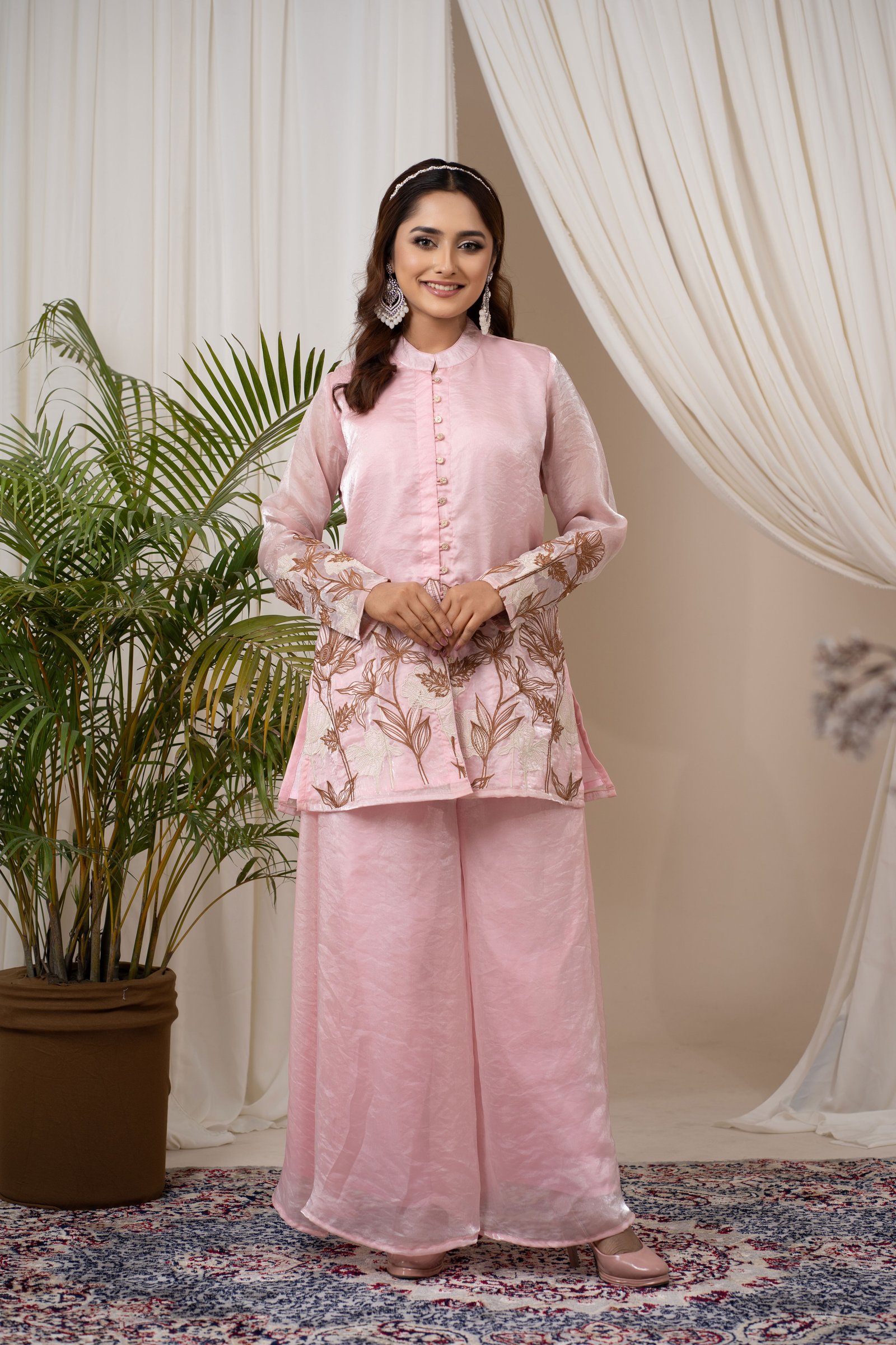 Blush Bloom Organza Silk Embroidered Co-Ord Set Pink gallery image