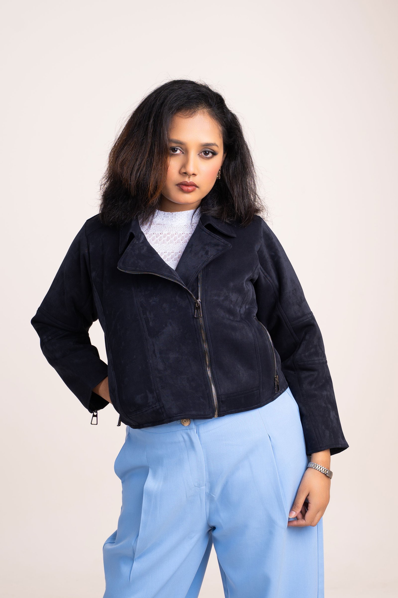 Women’s Black Suede-Textured Biker Jacket BLACK gallery image