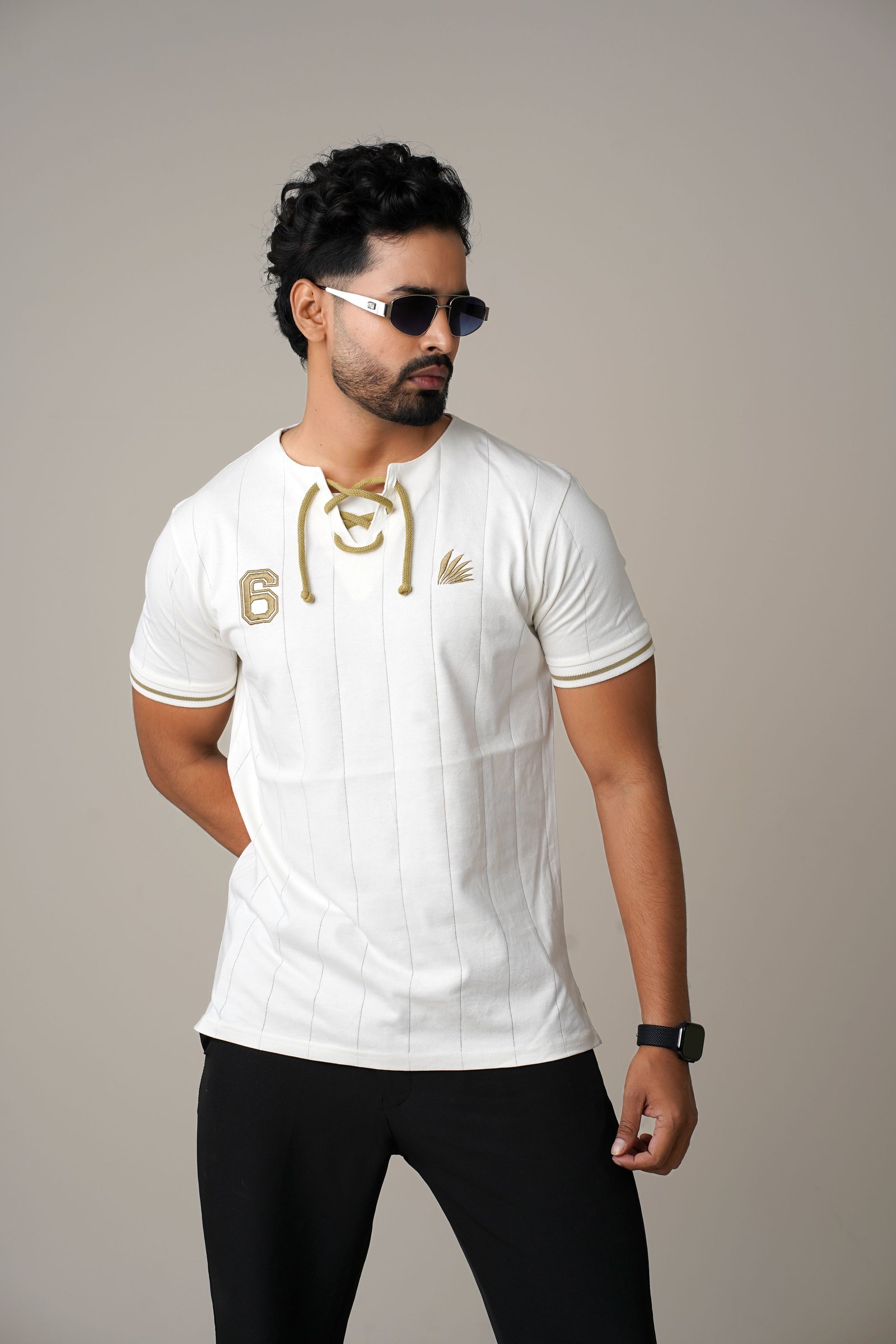 Men’s White Drop Needle Lace-Up Neck T-Shirt White gallery image