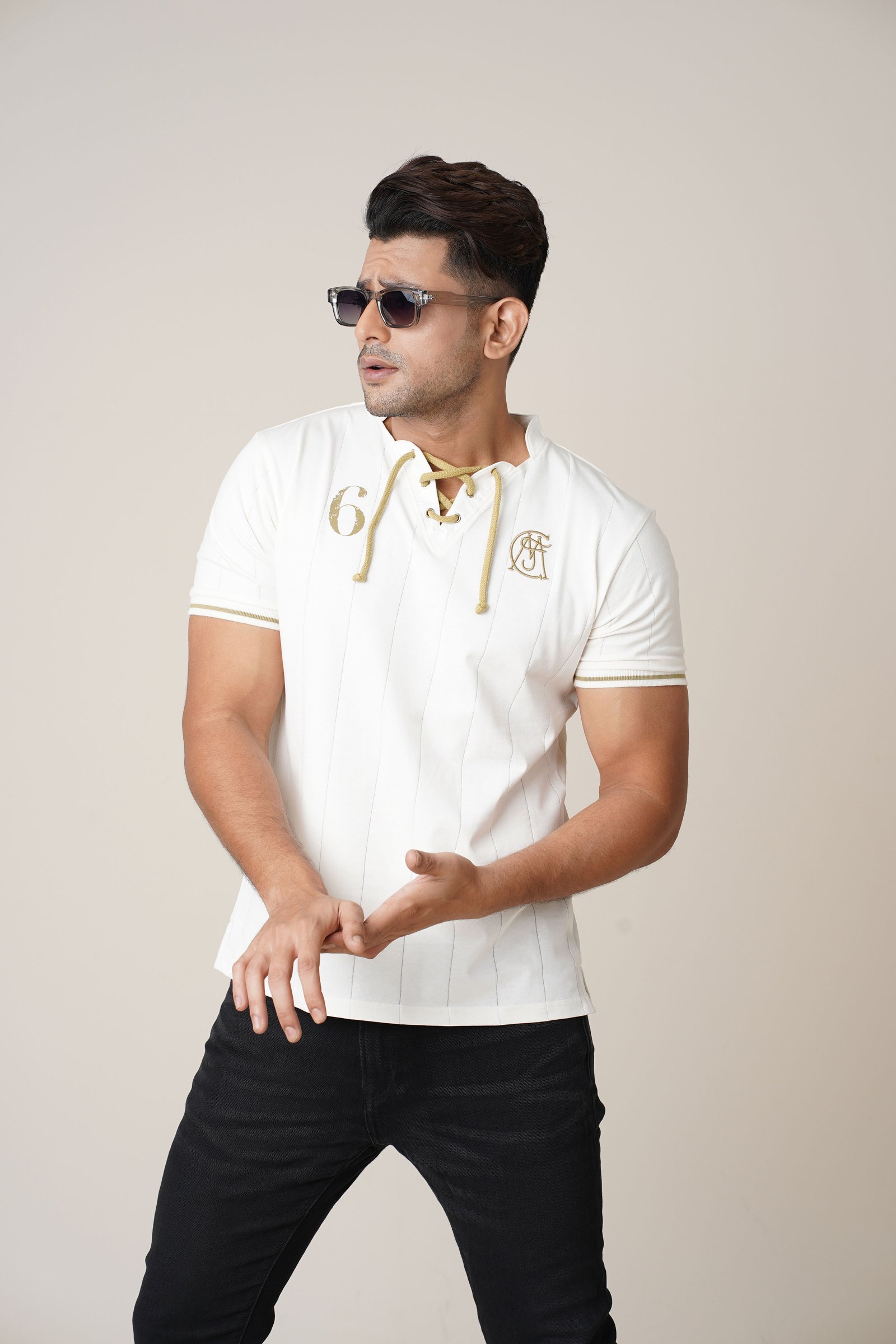 Men’s White Drop Needle Lace-Up Neck T-Shirt Copy