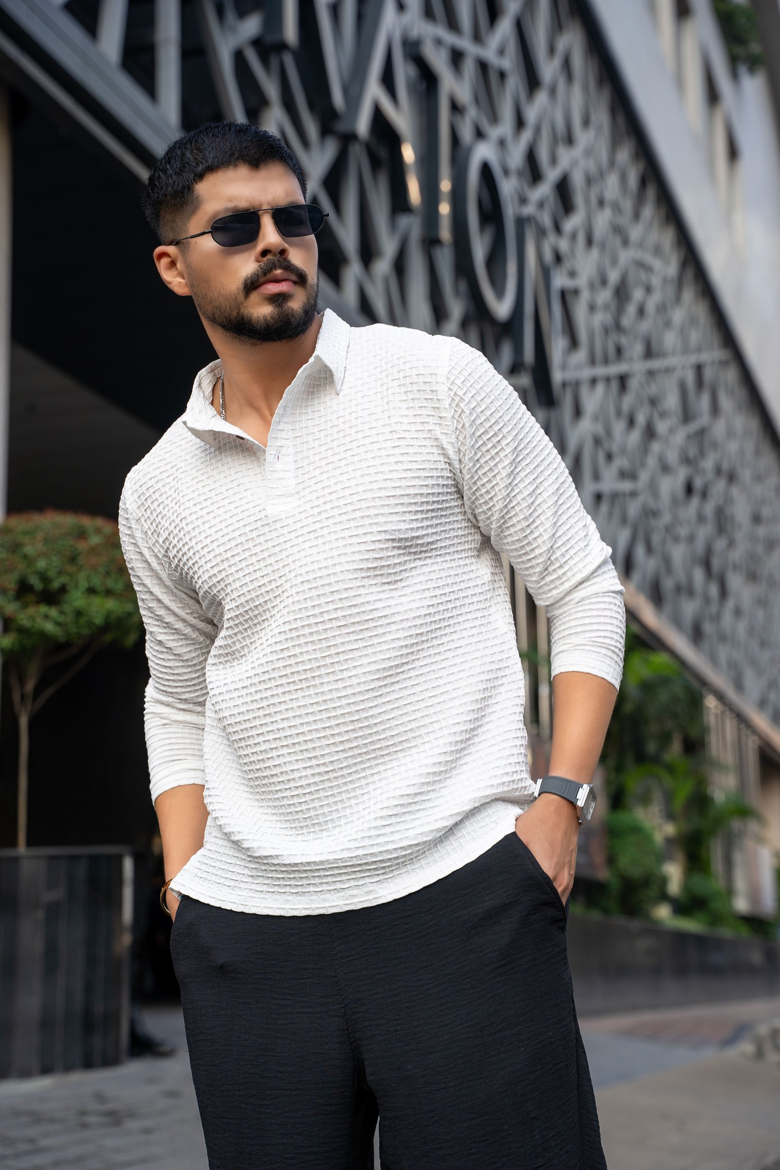 Men’s Waffle Cotton Henley Rib-Knit Long Sleeve Casual Polo Shirt White gallery image