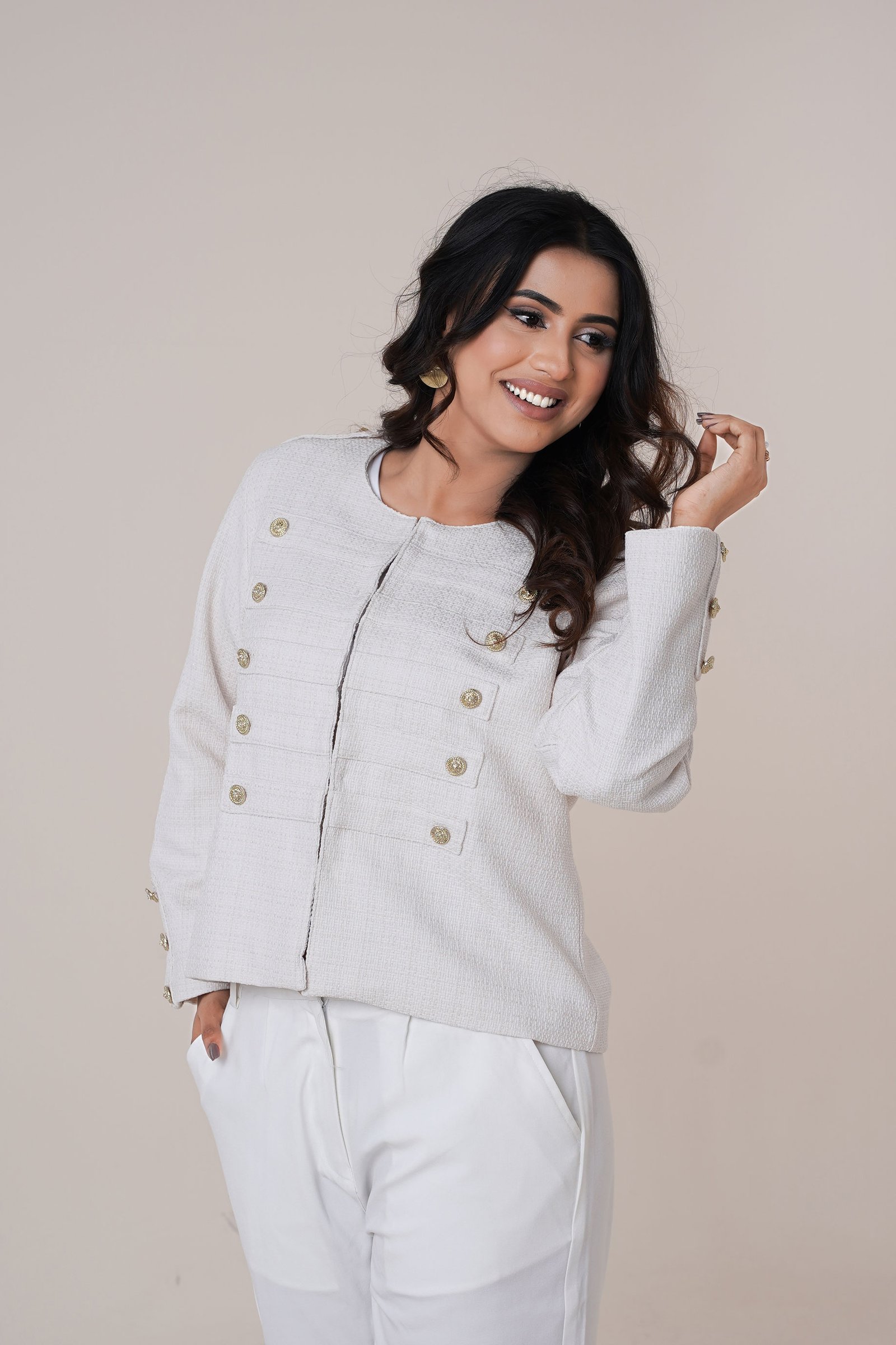Ivory Luxe Textured Button Winter Jacket for Women Ivory gallery image