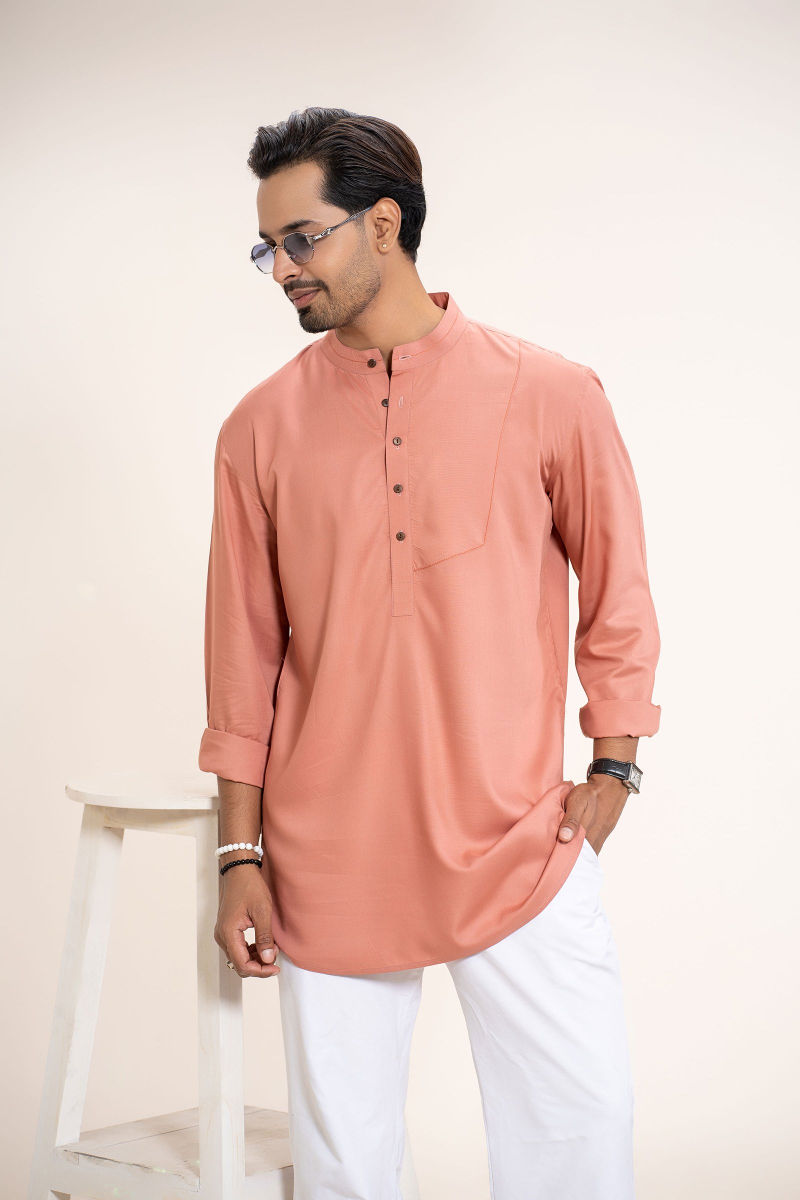Men’s Solid Peach Long Sleeve Mandarin Collar Traditional Fashion Kurta