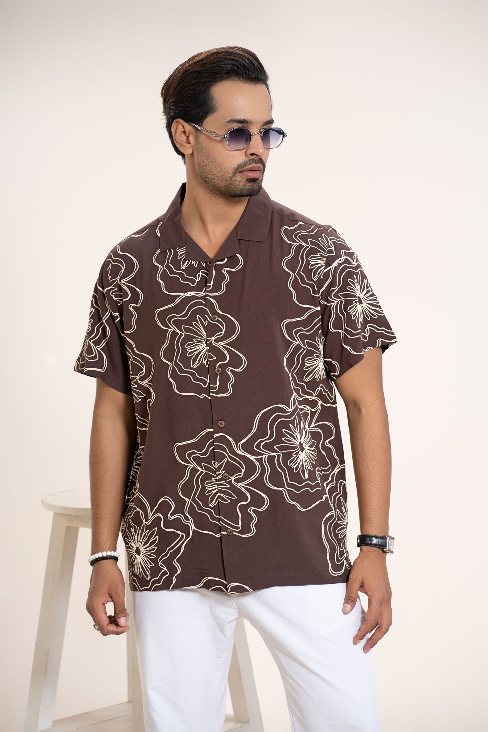 Men’s Casual Mocha Bloom Print Cuban Casual Shirt
