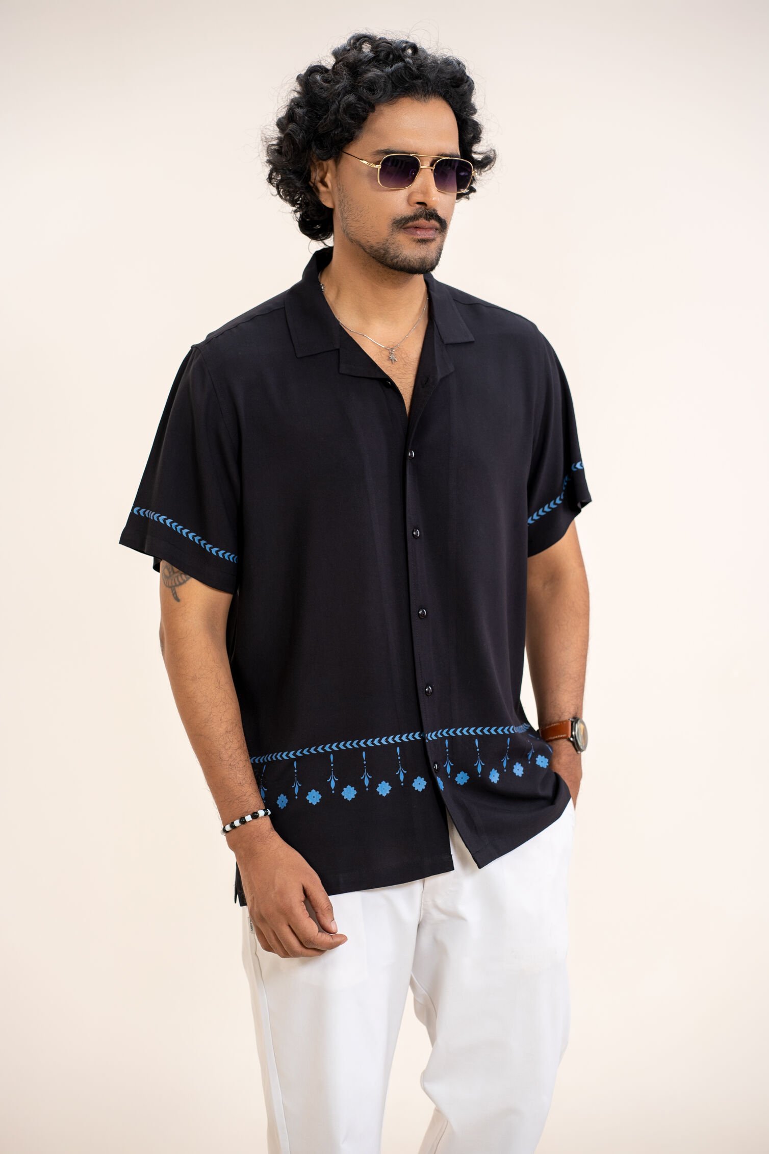 Men’s Black Short Sleeve Relaxed Fit Printed Casual Shirt