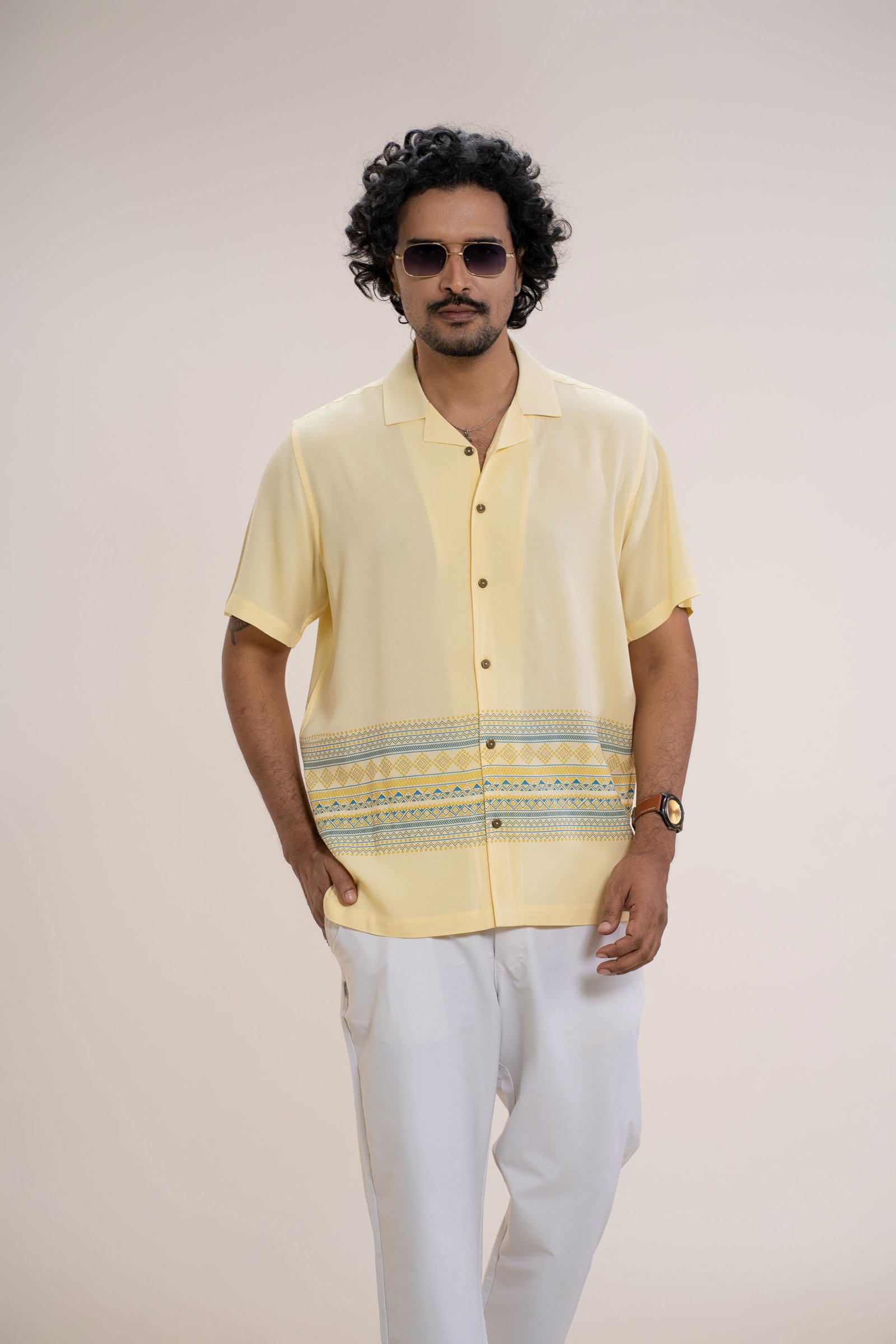 Men’s Pale Yellow Short Sleeve Relaxed Fit Geometric Printed Summer Casual Shirt