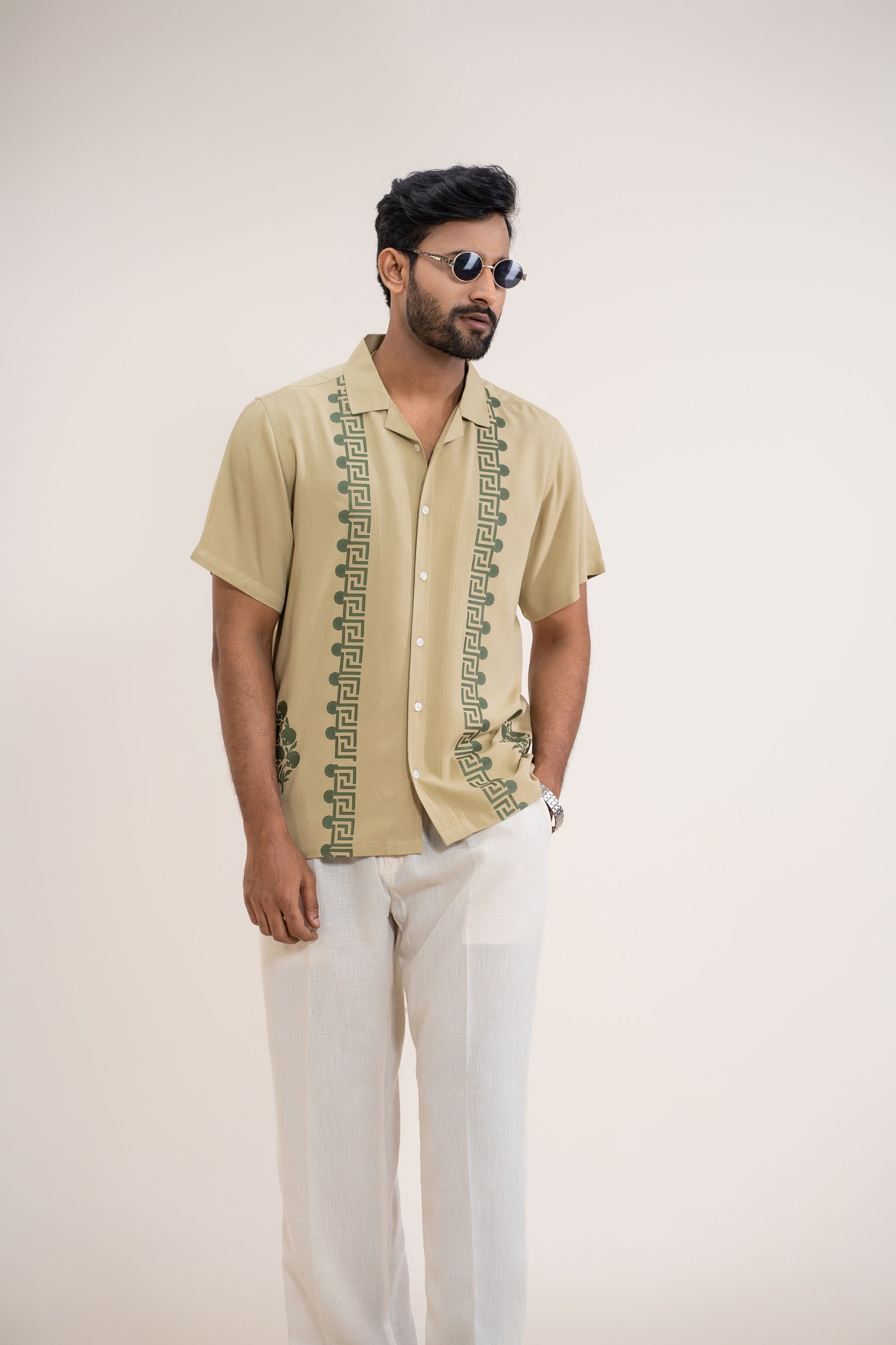 Men’s Pale Yellow Short Sleeve Relaxed Fit Geometric Printed Summer Casual Shirt Copy