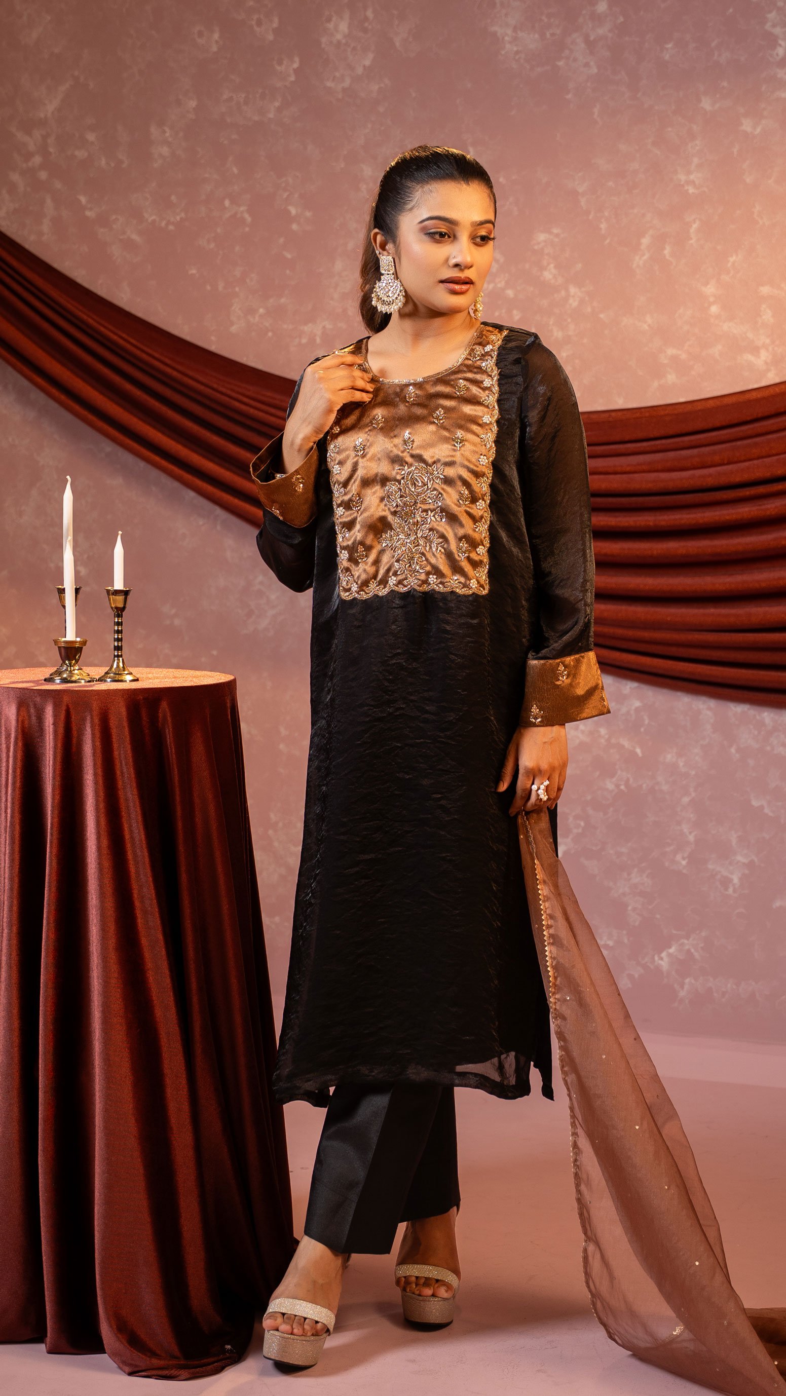 Black Organza Silk Gold Karchupi Worked 3-Piece Suit