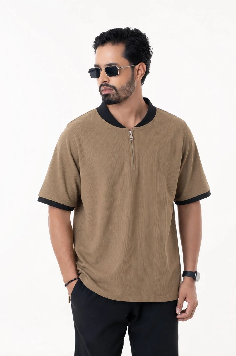 Men’s Textured Ribbed Half-Zip Short Sleeve Contrast Trim Casual Polo Brown gallery image