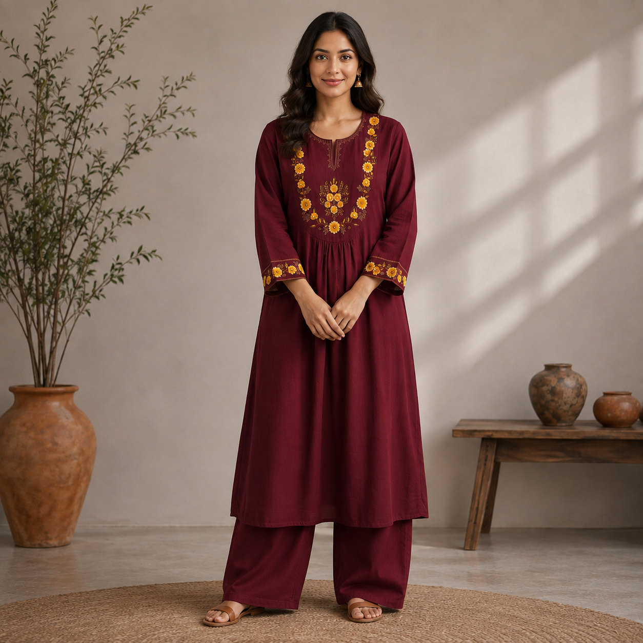 Maroon Embroidered Details 2-Piece Co-Ord Set