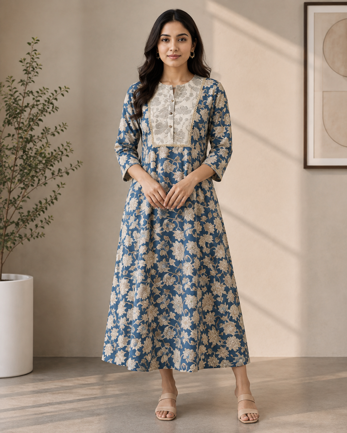 Blue Floral Printed A-Line Kurti for Women BLUE gallery image