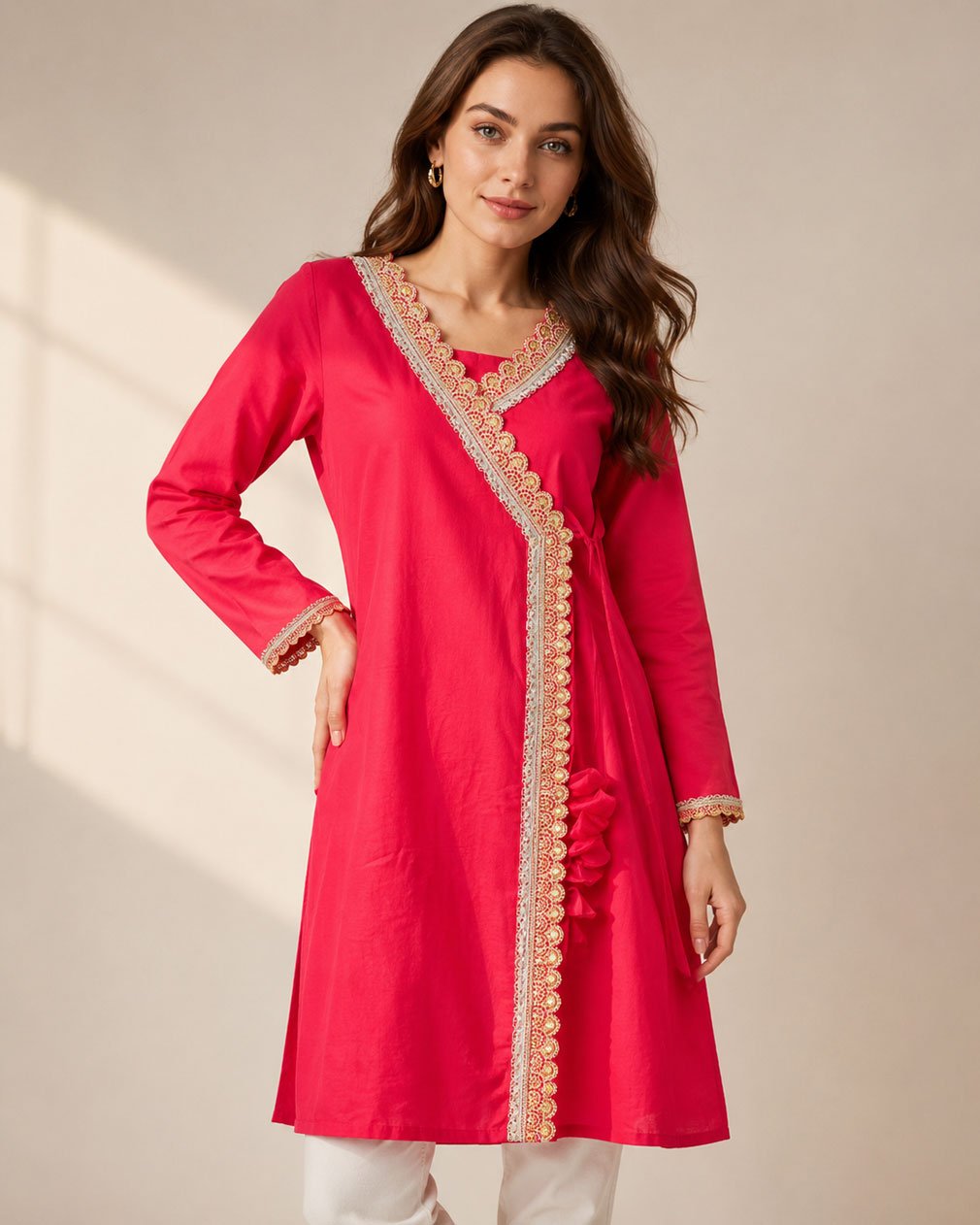 Women’s Lace Worked Bright Pink Angrakha Dress