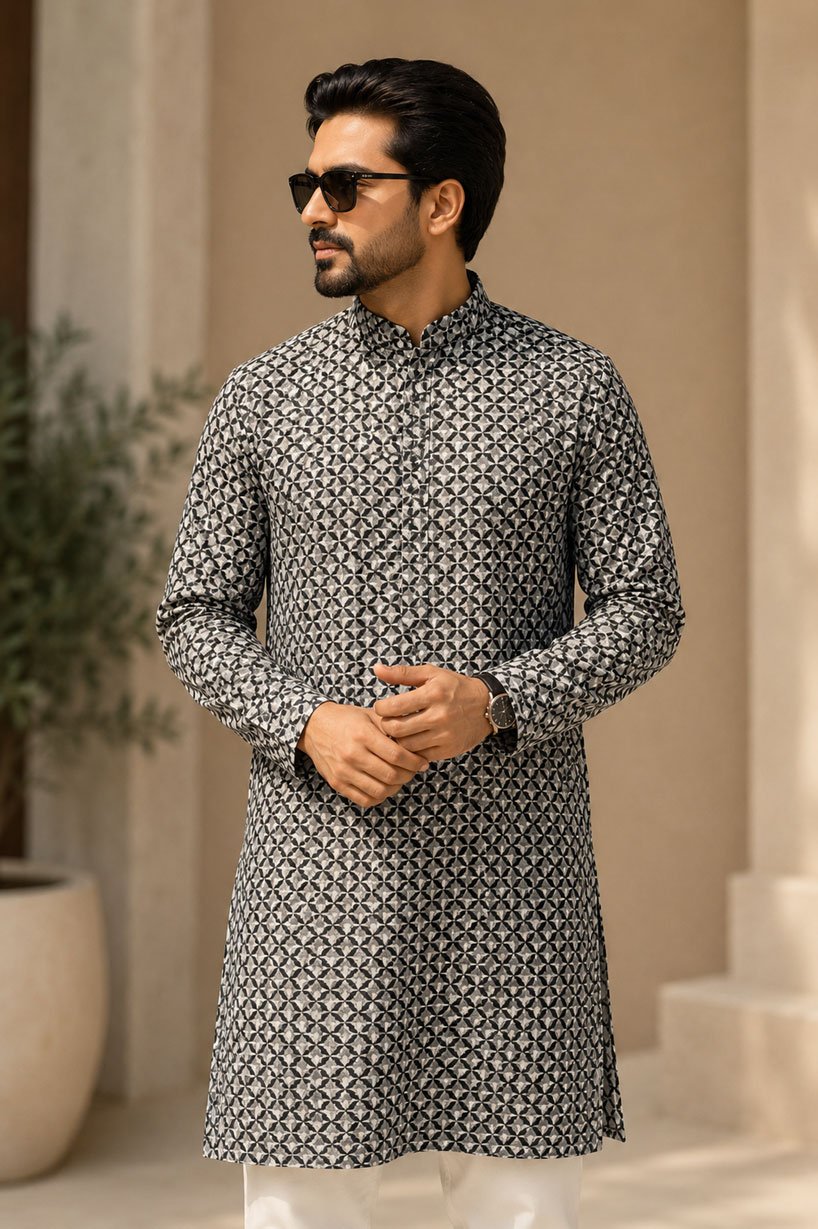 Men’s Geometric Printed Panjabi Full Sleeve Traditional Panjabi with Contemporary Pattern