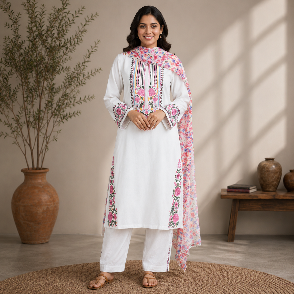 Women’s Floral Embroidered Straight Kurta 3-Piece Set with Printed Dupatta