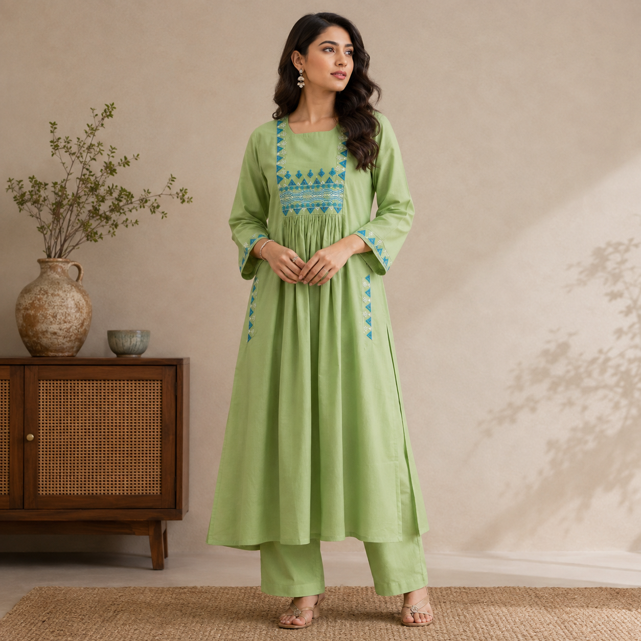 Amriss Pistachio Heritage Embroidered 2-Piece Co-ords Set