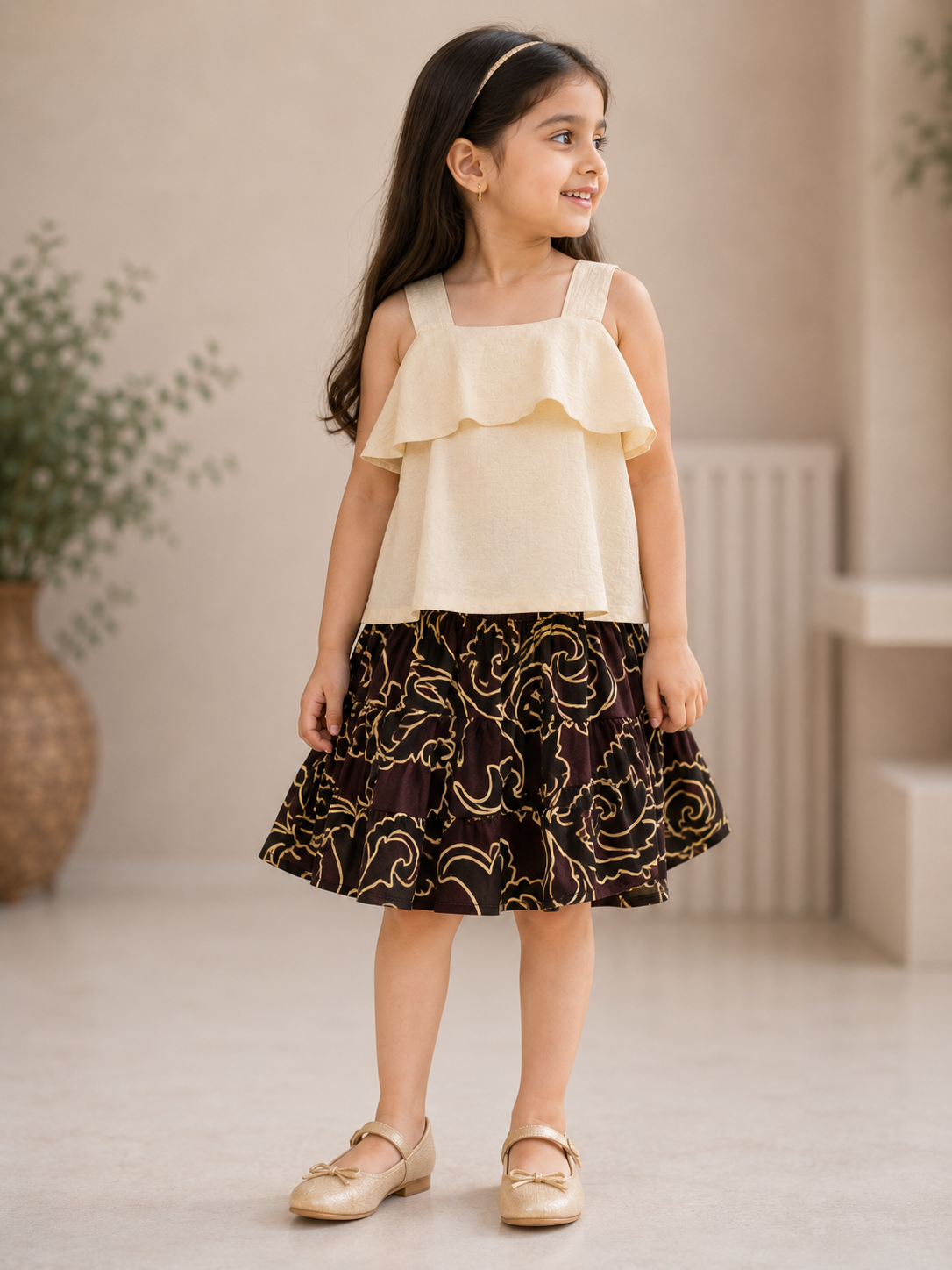 Elegant Ruffle Top & Printed Tiered Skirt Set for Girls
