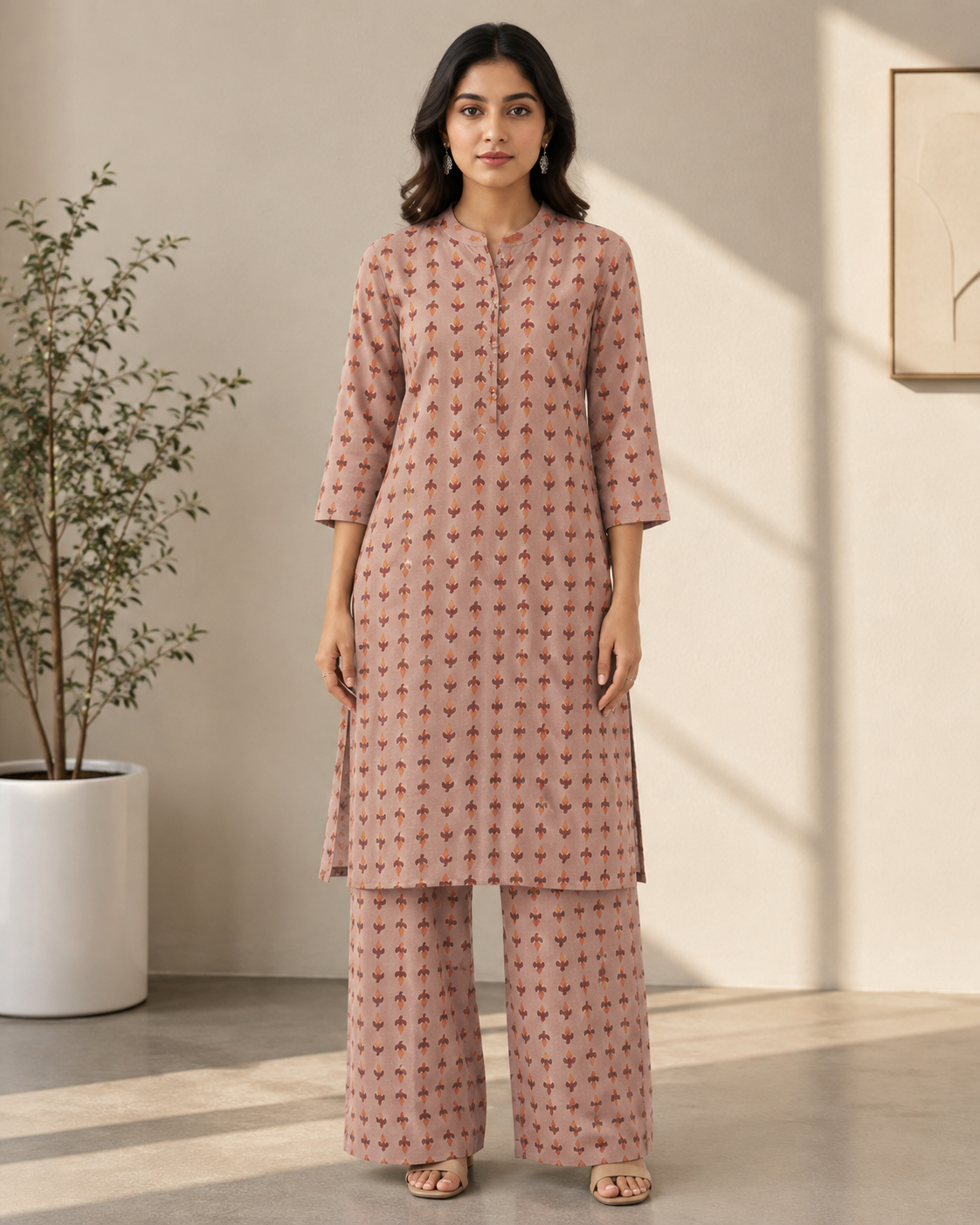 Printed Straight Kurti with Wide-Leg Palazzo Set