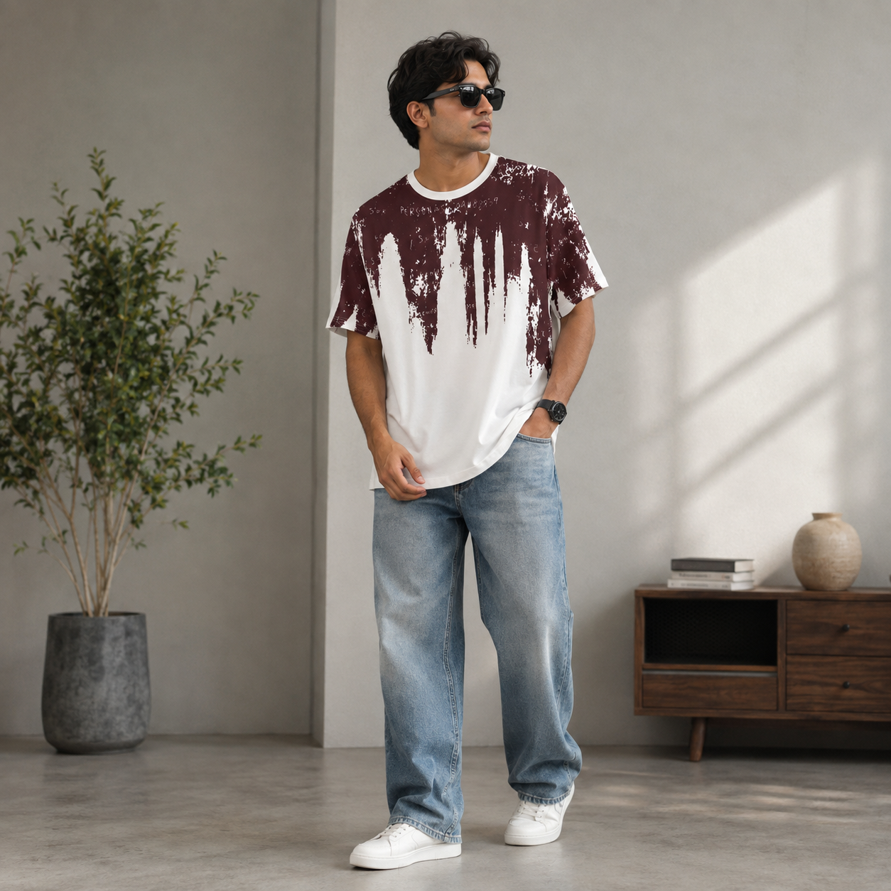 Urban Burgundy Splash Drop Shoulder Tee