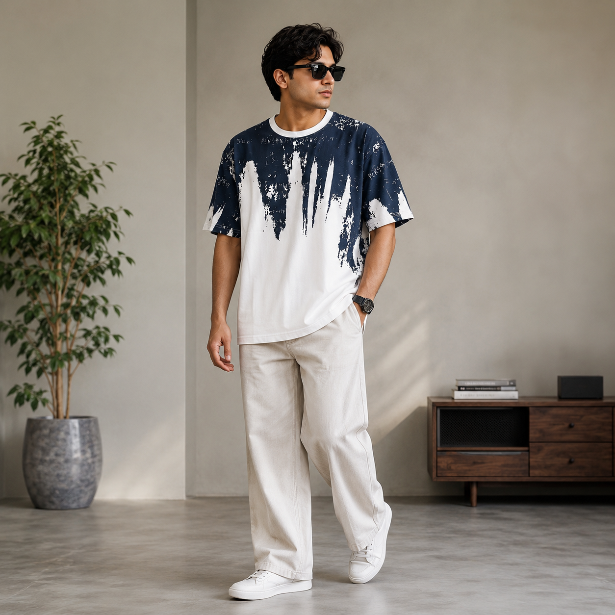 Urban Abstract Paint Splash Drop Shoulder T-Shirt
