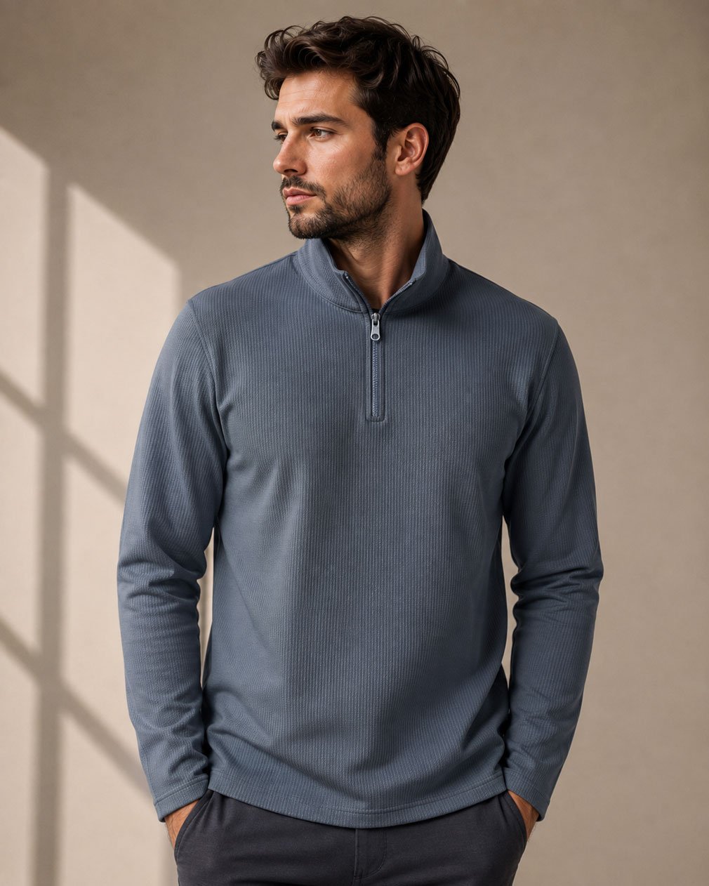 Men’s Ribbed Half-Zip High-Neck Sweatshirt Grey gallery image
